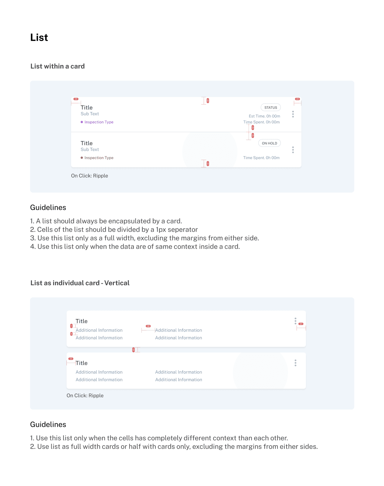 Image of page where list and list as individual card vertical design guidelines are written.