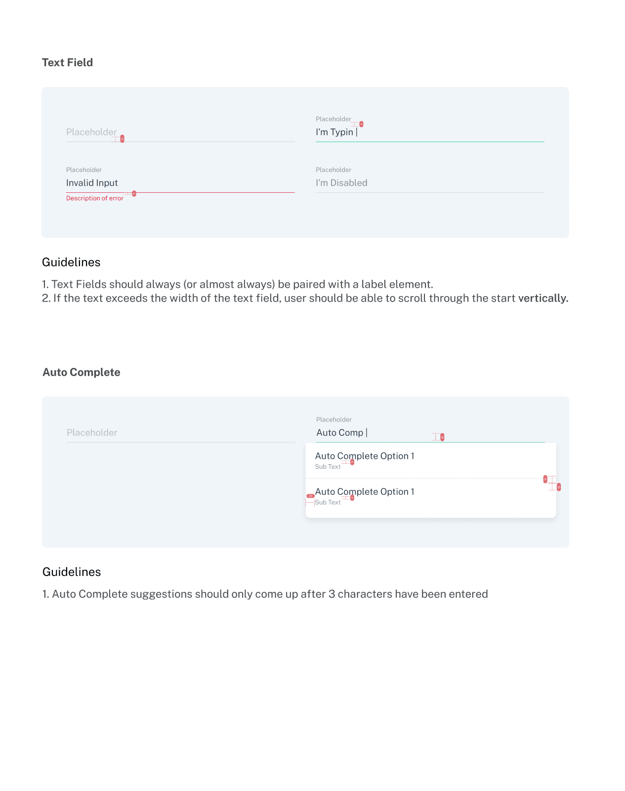 Image of page where text field and auto complete design guidelines are written.