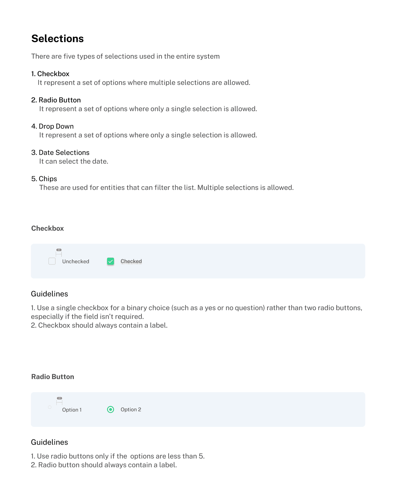 Image of page where selections and checkbox design guidelines are written.