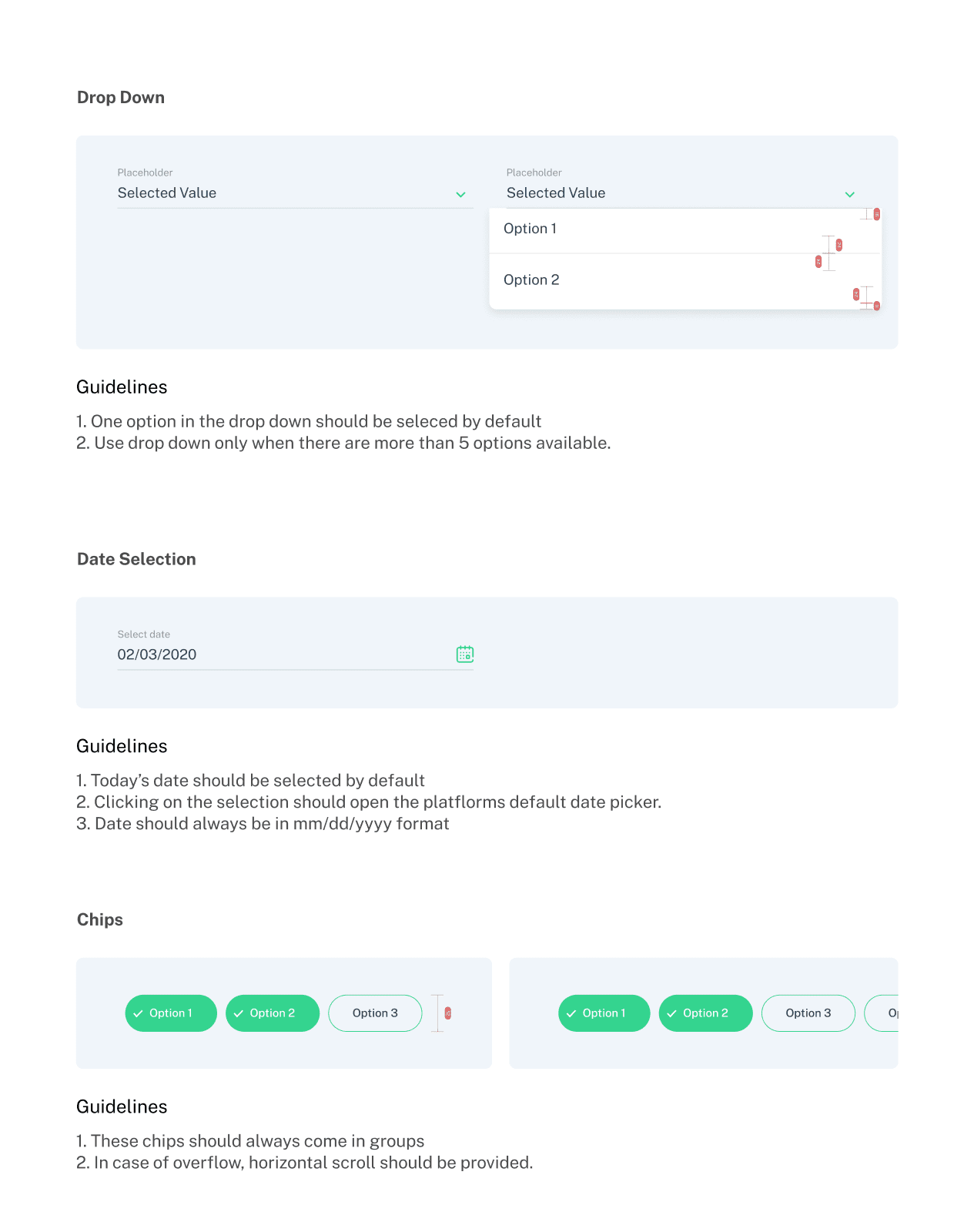 Image of page where dropdown and date selection design guidelines are written.