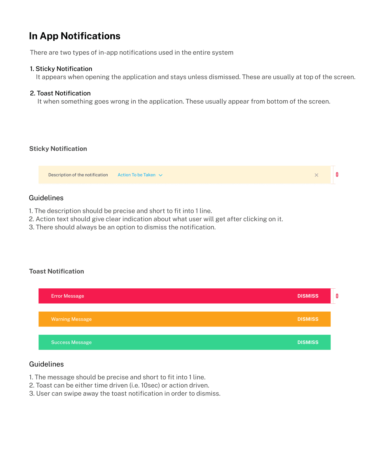 Image of page where in app notification and sticky notification design guidelines are written.