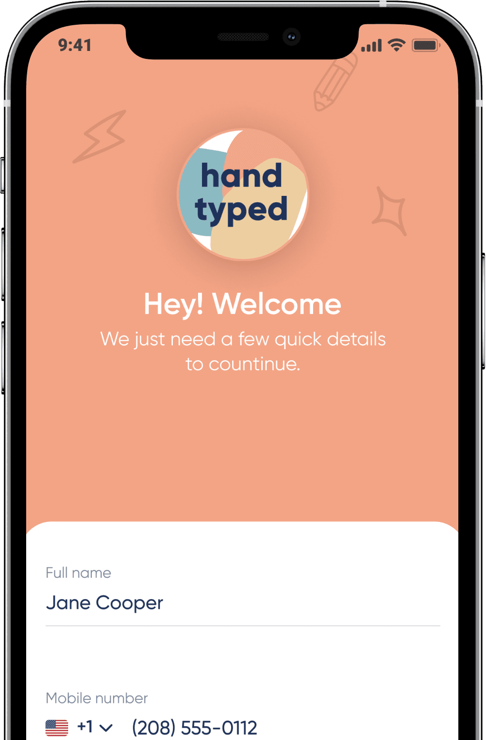 Image of welcome page on mobile application of handtyped