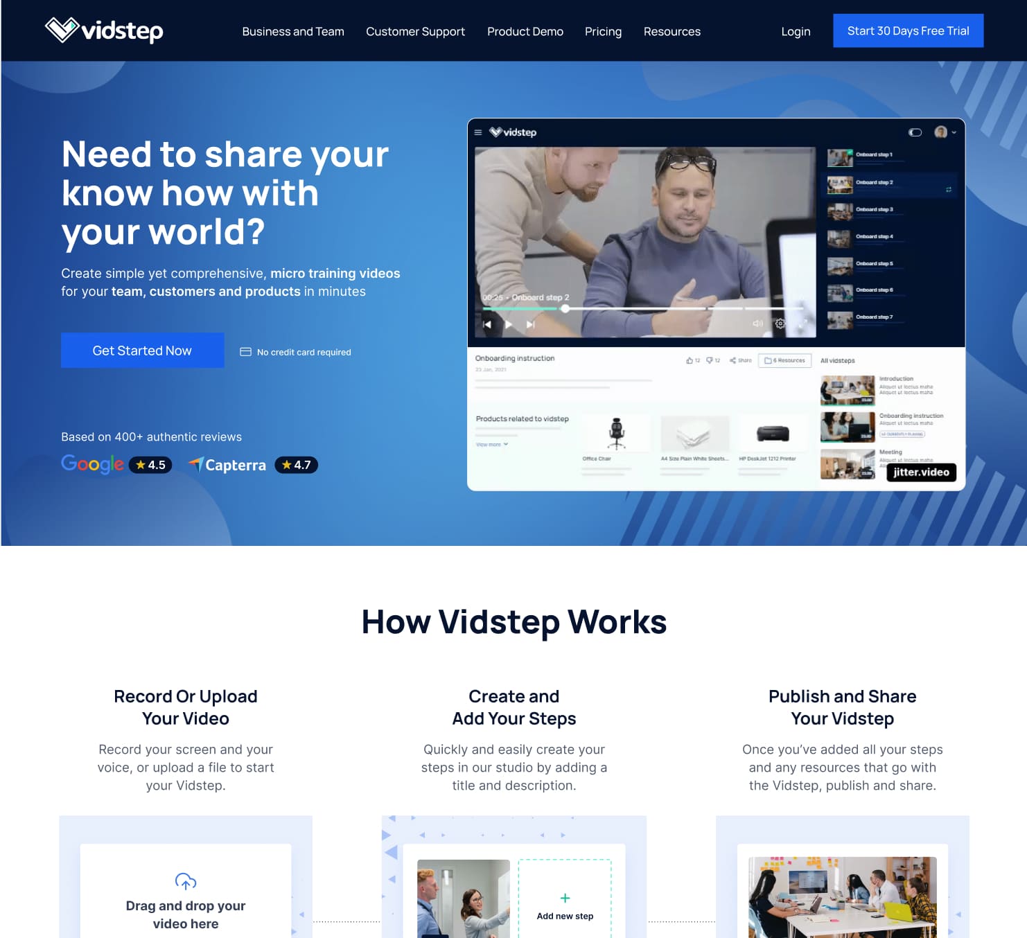 Image of the home page of the vidstep website