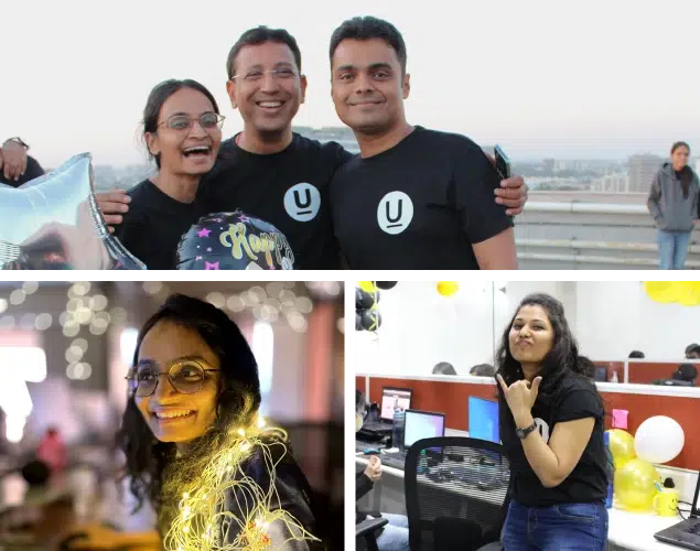 Collage Image of UX Team members celebrating outside and inside the company
