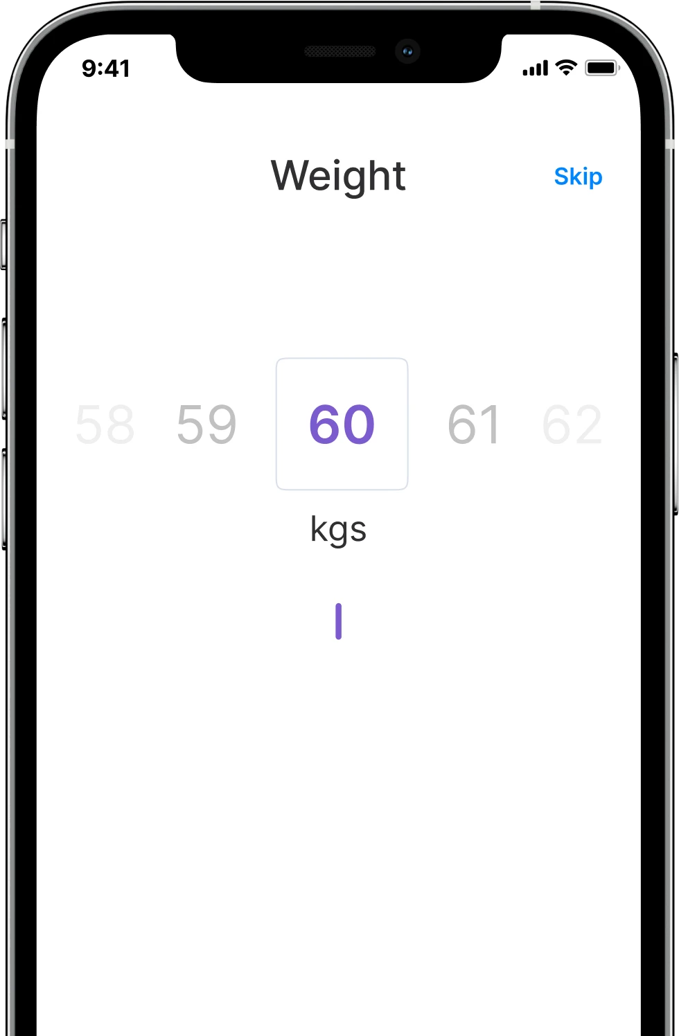 Health-e app weight section screen