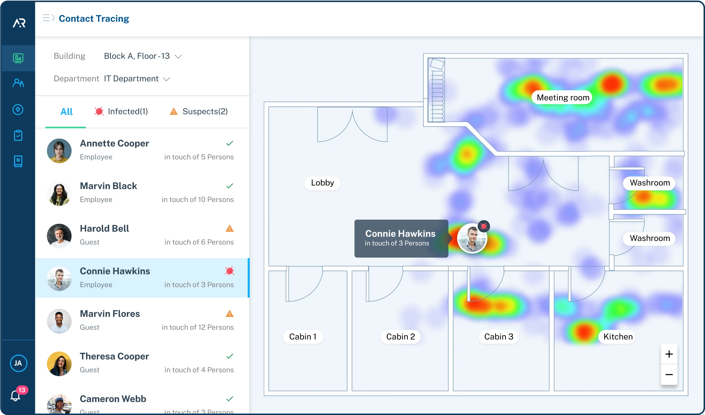 Image of the ARinsight dashboard’s contact tracing tab