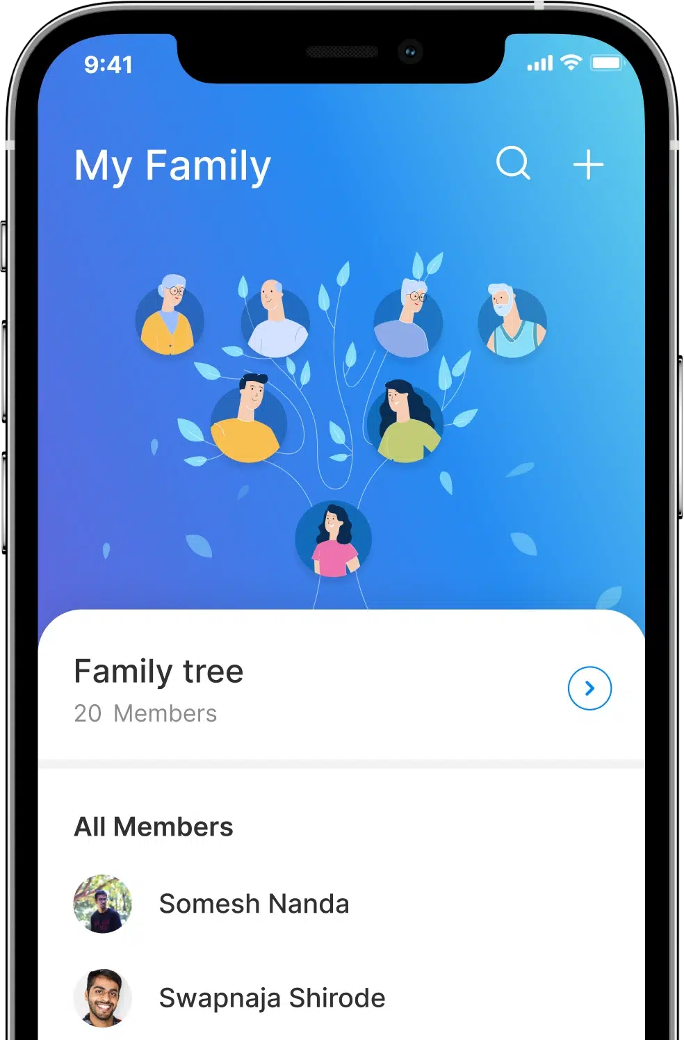 Screen of Health-e app showing family members page